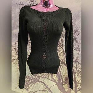Black Long Sleeve Knit Sweater Sheer Lace Detail Vintage Cache Sz M